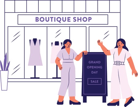 Boutique store vector illustration. Female character in uniform standing in front of shop window and choosing clothes.