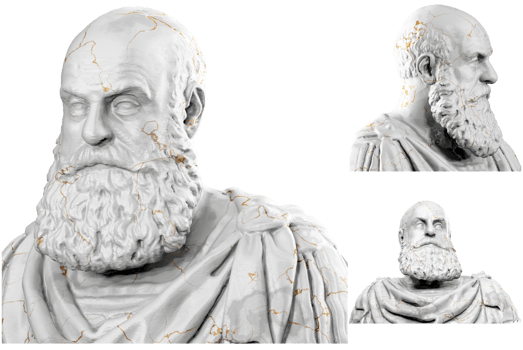 3D render of a historical bust statue with stone texture and gold accents. Ideal for historical design projects. png