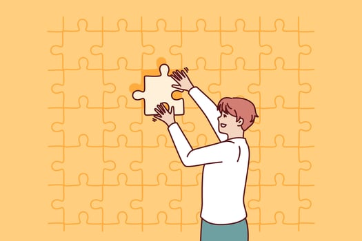 Business man putting last piece of puzzle in free space for problem solving concept. Guy in business clothes is engaged in obtaining new skills and performs complex challenge on instructions manager vector