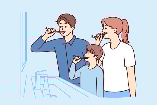 Family brushes teeth together standing in bathroom near mirror to teach boy morning hygiene procedures. Mom and dad with son use toothbrushes to clean mouth after eating to avoid teeth caries vector