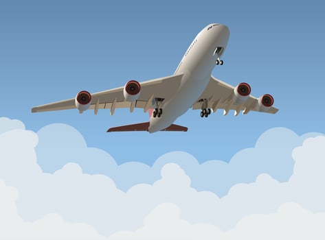 The plane takes off against the background of a cloudy sky. Vector. vector