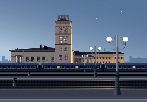 Kievsky railway station, evening train. Vector. vector