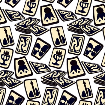 Pattern with fortune-telling cards. Dark tarot cards in a chaotic arrangement. Tarot card reading, fortune teller, Halloween pattern. Cards of fate, pattern for printing. Gift packaging vector