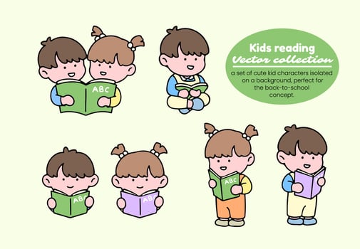 Kids reading vector collection. A set of cute kid characters isolated on a background, perfect for back to school concept.