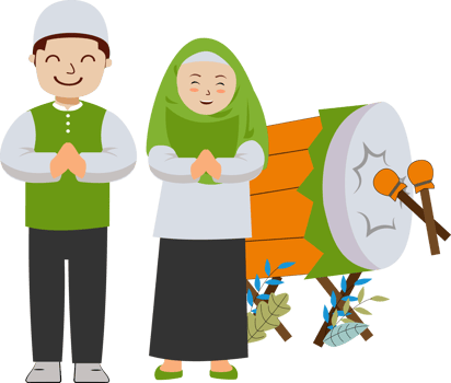 cute boy and girl moslem celebrating eid mubarak with percussion cartoon illustration png