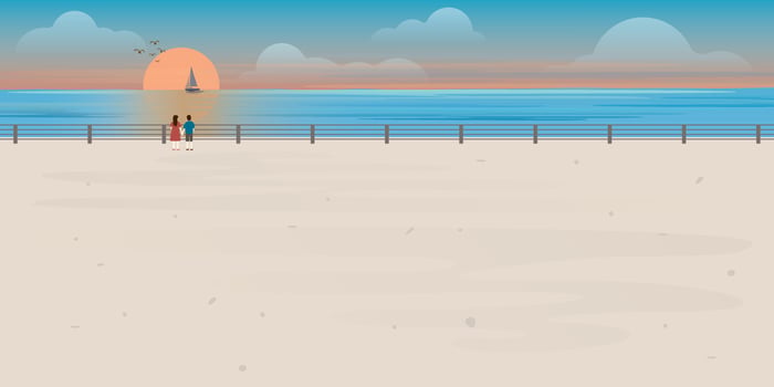 Couple of lover looking sunset at view point of ocean vector illustration. Landscape of coast beautiful sea shore with sunset flat design illustration.