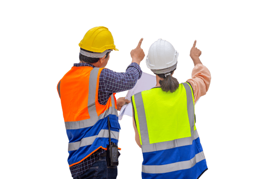 Female engineer and foreman worker checking project at building site, Engineer and builders in hardhats discussing on construction site, Teamwork concepts png
