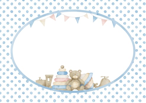Rectangular Frame with kid Toys for Baby Shower greeting cards or invitations. Hand drawn watercolor Template in pastel blue and beige colors for birthday party with space for text for boy or girl vector