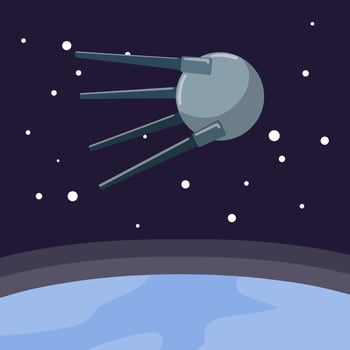 Satellite in space orbiting the earth. Soviet Sputnik fly around planet. Exploration of universe and galaxy. first flight into space. Modern technology. Cartoon flat illustration vector