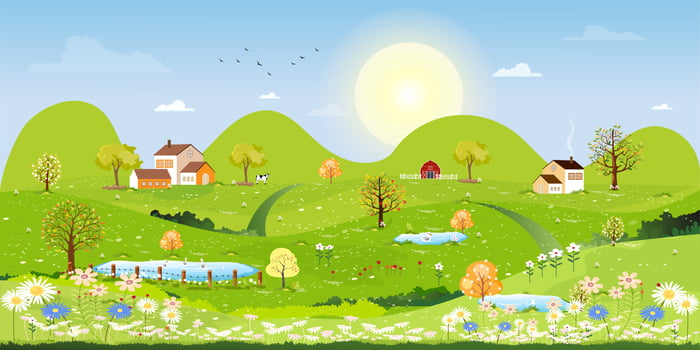 Spring green fields landscape with mountain,blue sky and clouds background,Panorama peaceful rural natural in village with green grass land. Cartoon vector illustration for spring and summer banner