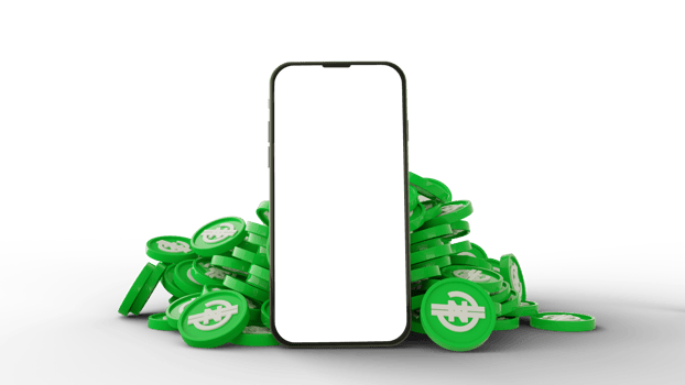 3D rendering of mobile phone with blank screen with e naira logos behind isolated on transparent background png