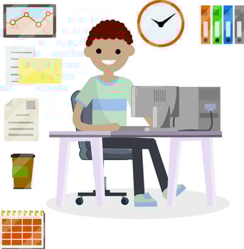 Programmer at work. Hobbies and Internet. Man sitting at table with computer and monitor. Cup of coffee and books. Freelance typing message. Cartoon flat illustration. Office set collection. vector