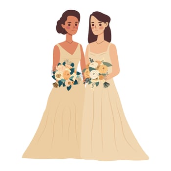 Lesbian couple marriage. Homosexual wedding. Brides in dress LGBT newlyweds. Flat vector illustration isolated on white background