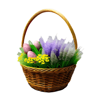 Happy Easter day colorful eggs in basket with flowers png