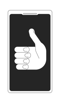 Mobile phone screen with thumb up hand monochrome flat vector object. Editable black and white icon. Full sized element. Simple thin line art spot illustration for web graphic design and animation
