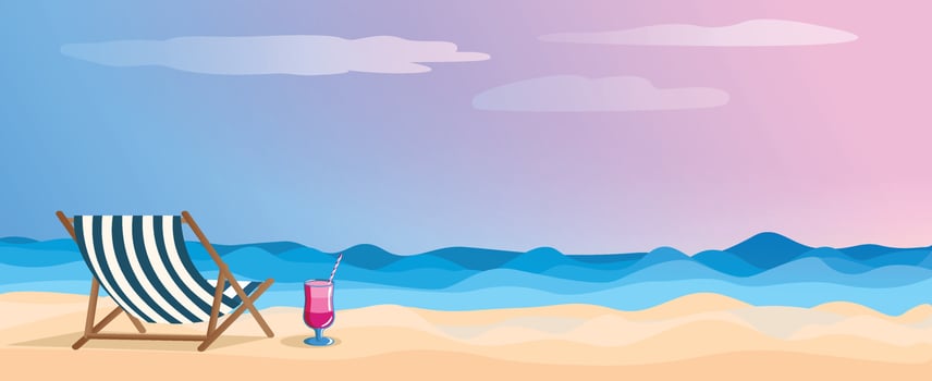 Wide banner. Summer evening sea background, sunset pink light, yacht in the sea and beach cocktail on the sand. Postcard, holiday season advertisement, beach holiday vector
