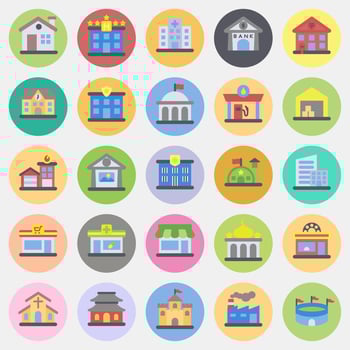 Icon set of building. Building elements. Icons in color mate style. Good for prints, web, posters, logo, site plan, map, infographics, etc. vector