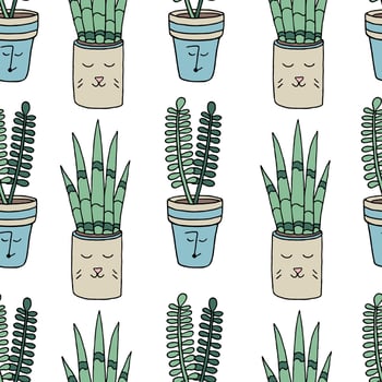 Seamless pattern with cute potted houseplants. Cozy pattern with deciduous plants vector
