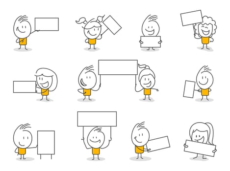 Stick figures. Blank banner set. Vector illustration of people holding blank.
