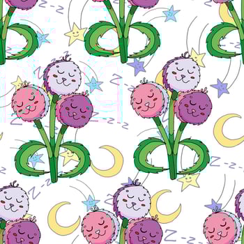 Sleeping fluffy flowers on the background of the moon and stars. Vector seamless pattern.