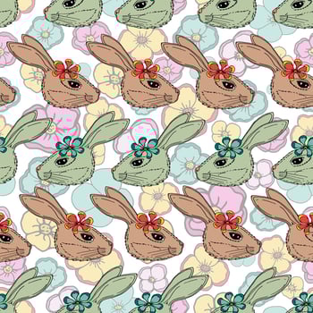 Bright floral seamless pattern. Vector image. Cute rabbit on the background of colorful flowers. Children's illustration
