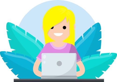 Woman sit at table with laptop. vector