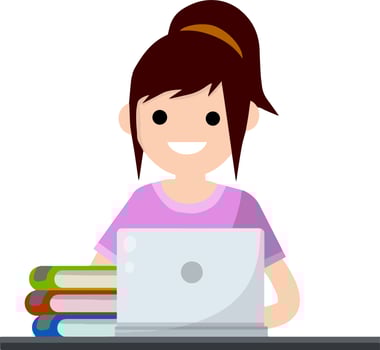 Woman sit at table with laptop. vector