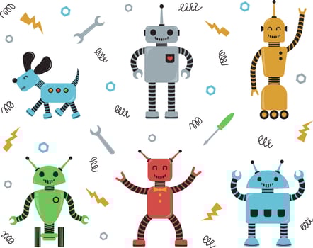A set of happy cartoon children's robots. Cute cyborgs, bots, androids, smiling characters vector