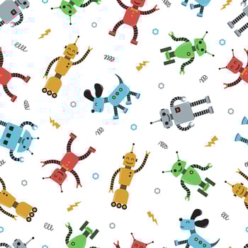 Seamless pattern with funny robots, zippers and springs. Children's illustration in a flat style vector