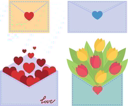 Set of postal envelopes with hearts and flowers. image in flat design vector