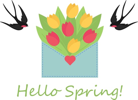 Illustration of a postal envelope with a bouquet of tulips and swallows. Envelope with flowers vector