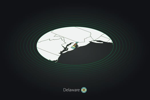 Delaware map in dark color, oval map with neighboring US states. vector