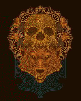 Illustration of wolf head with skull hat vintage engraving ornament in back perfect for your business and Merchandise vector