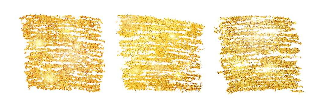 Set of three golden paint glittering square backdrops on a white background. Background with gold sparkles and glitter effect. Empty space for your text. Vector illustration