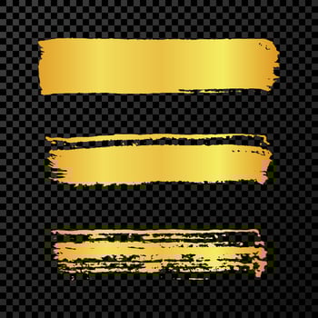 Gold grunge brush strokes. Set of three painted brush ink stripes. Ink spot isolated on dark vector