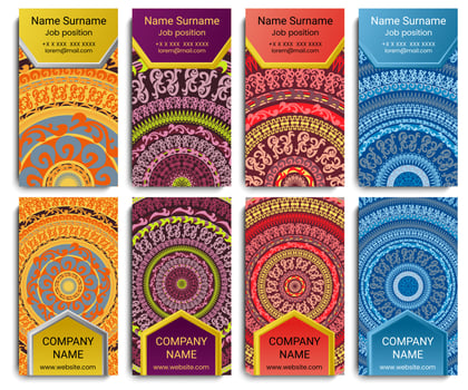 Set of vector visiting card with mandala. Geometric mandala pattern and ornaments. Front page and back page.