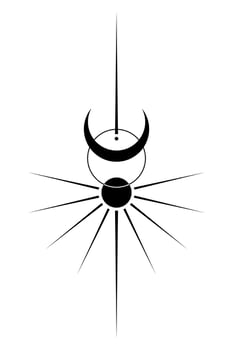 Sun and moon vintage line art clipart. Wicca Outline logo tattoo. Mystical Sacred geometry, magic pagan Wiccan goddess and god symbols. Vector black sign illustration isolated old white background