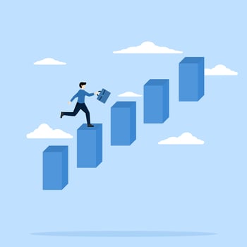 Career advancement, business development or growth, improvement opportunity concept, salary or job, promotion to more responsibility, successful businessman increasing progress bar chart ladder. vector