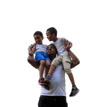 Father carrying two sons on shoulders, African American kids on the shoulders of his father png