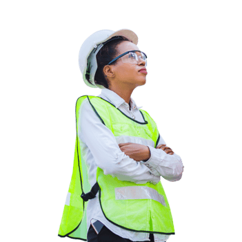 Female engineer worker in hard hat with arms crossed looking sky png