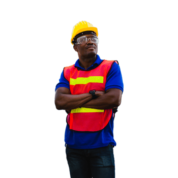 Engineer man, worker in hard hat with arms crossed looking to the sky png