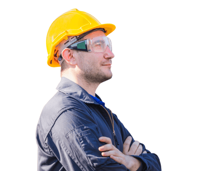 Smiling factory worker man in hard hat with crossed arms on white background png