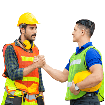 Engineer and worker man in hard hat with handshake, foreman in hardhat, job and occupation concepts png