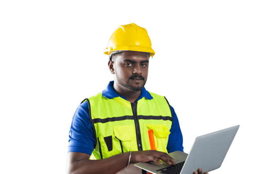 Worker man with laptop, Man in hard hat png