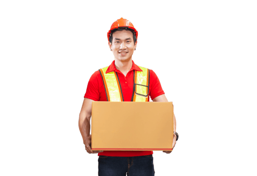 Male worker in hardhat holding cardboard box walking through in retail warehouse, Warehouse worker working in factory warehouse png