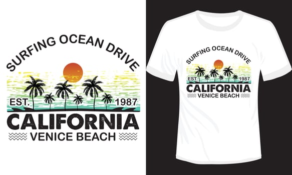 Surfing Ocean Drive California T-shirt Design vector