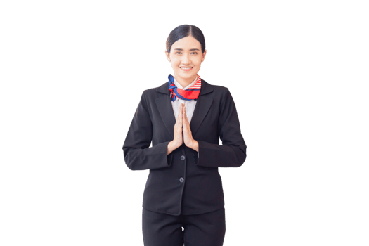 Young asian woman receptionist at reception desk with pay respect. Portrait of smiling female receptionist working in hotel png