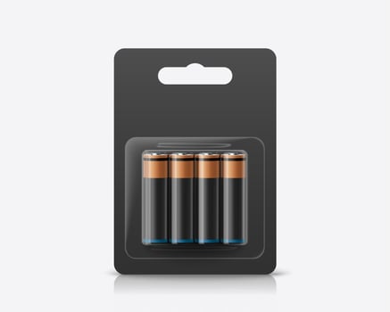 3d AA or AAA battery package mock up. Batteries in transparent blister pack with blank space. Package element isolated on white background. vector