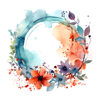 Delicate Floral Wreath with Roses, Dahlias and Eucalyptus Leaves. Hand Painted Watercolor Design. PNG Transparent Background