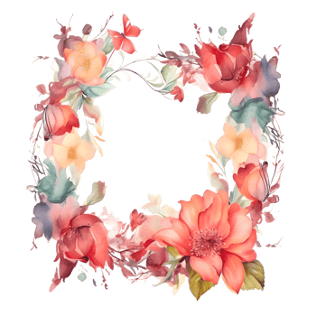 Delicate Floral Wreath with Roses, Dahlias and Eucalyptus Leaves. Hand Painted Watercolor Design. PNG Transparent Background